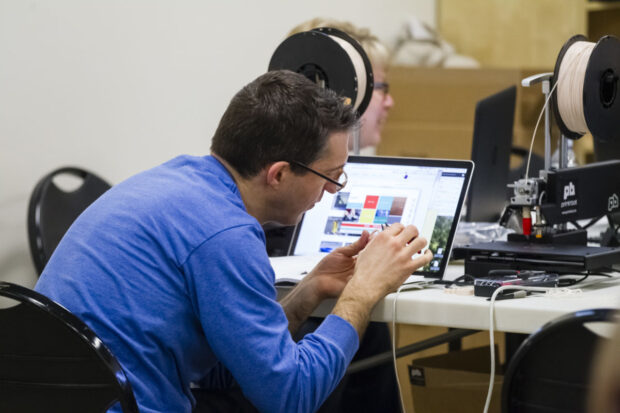 (Generic caption) Educators from around Idaho participate in three days of training during the Idaho STEM Action Center's FabSLAM 3D Design and Fabrication Workshop at the Discovery Center of Idaho in Boise, Idaho, on Wednesday, March 16, 2016. Educators will then return to their schools (with a free 3D printer) and assemble a team of students to complete the 3D fabrication challenge. (Photo by Otto Kitsinger for Idaho STEM Action Center)