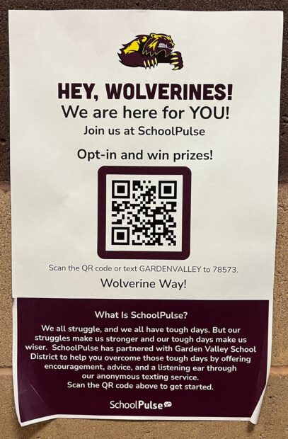A flyer for School Pulse hangs in Garden Valley school.