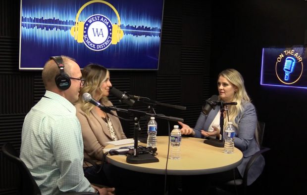 From left to right, Ken Hyde and Katie Rhodenbaugh host blogger Natalie Plummer on West Ada's new podcast.