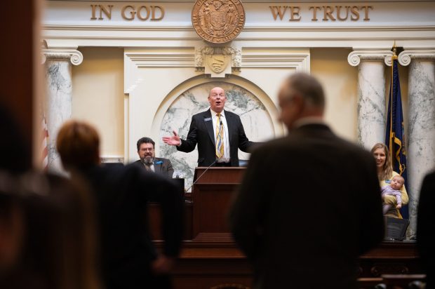 Speaker of the House Mike Moyle, R-Star, welcomes his colleagues onto the House floor on the final day of the legislative session on Thursday, April 2, 2026. (Sean Dolan/EdNews)