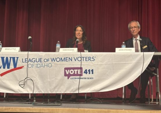 Gubernatorial candidates Terri Pickens and John Stegner field questions at an Oct. 6, 2026 League of Women Voters forum at South Junior High School in Boise. Incumbent Gov. Brad Little was invited, but did not attend. (Kevin Richert/Idaho EdNews)
