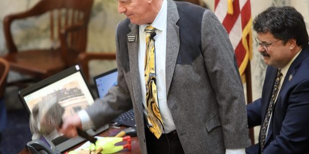 House Speaker Mike Moyle drops the gavel on the final day of the 2024 legislative session. (Photo: Darren Svan/EdNews)