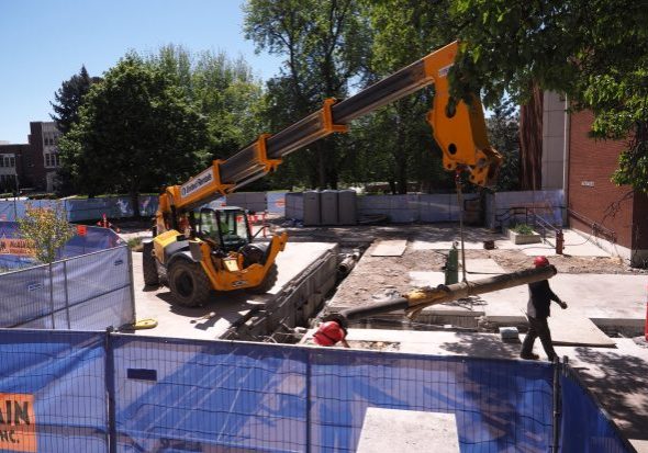 Construction workers in the Boise State quad on Monday, April 27, 2026. (Kaeden Lincoln/IdahoEdNews)